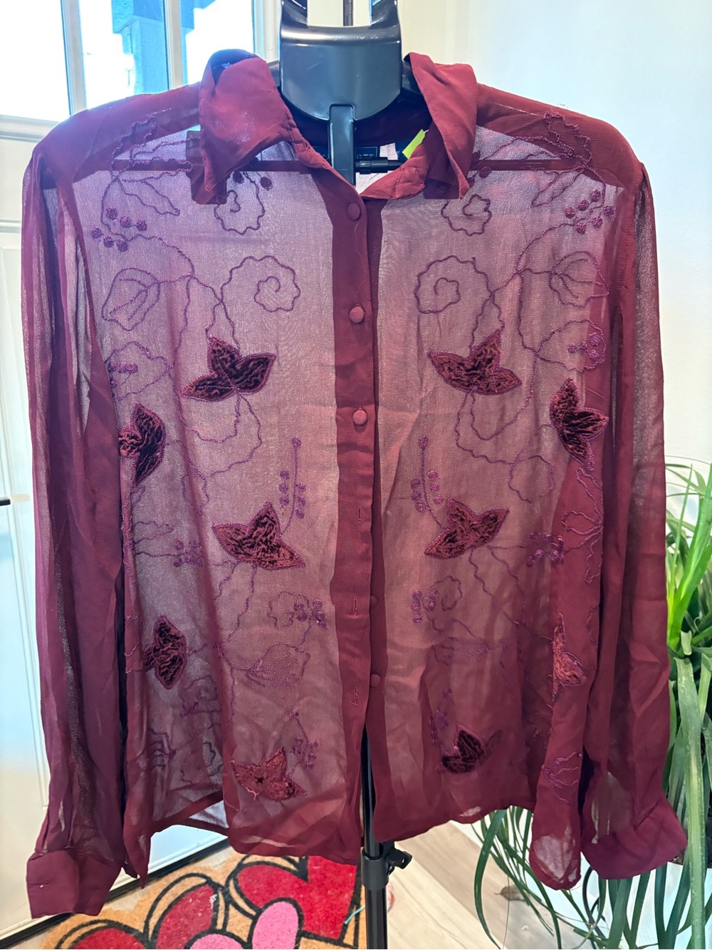 Karen Scott Maroon Button-Front Sheer Blouse